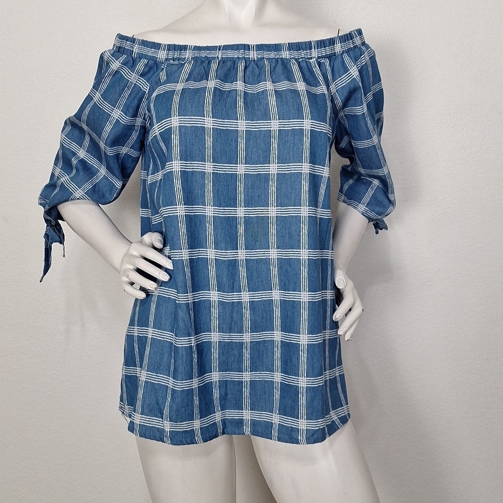 Doe & Rae Blue & White Off-Shoulder Romantic Academia 3/4 Sleeve Plaid Top Sz M